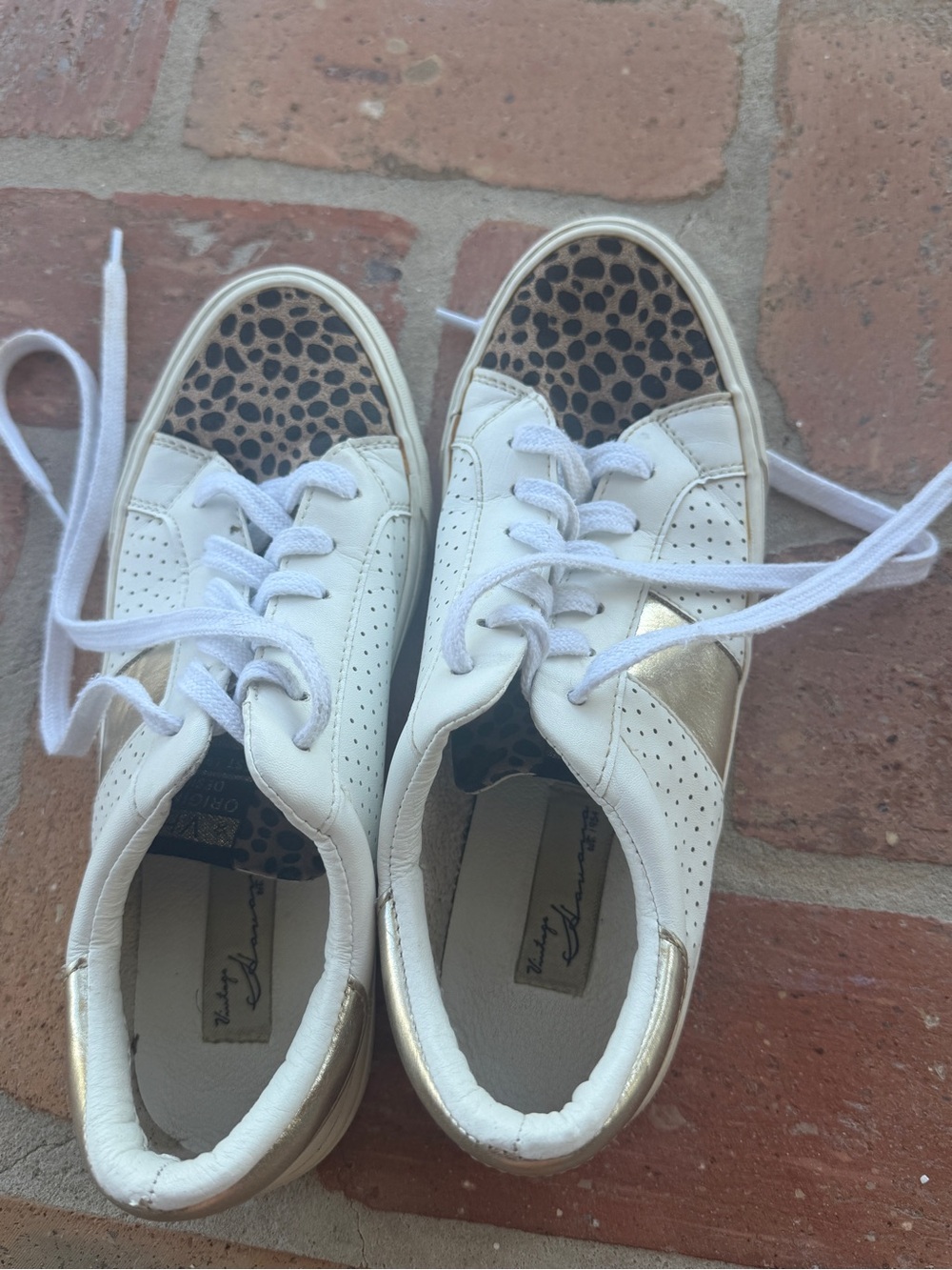Vintage Havana Women’s  White Leather Sneakers with Gold Accents and Leopard Toe